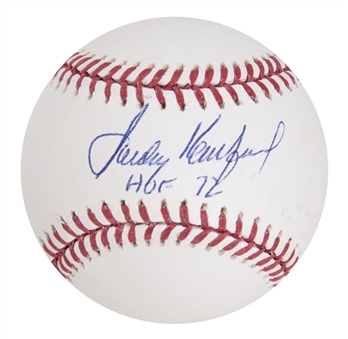 Sandy Koufax Single Signed OML Manfred Jr. Baseball With "HOF 72" Inscription (PSA/DNA NM-MT 8)